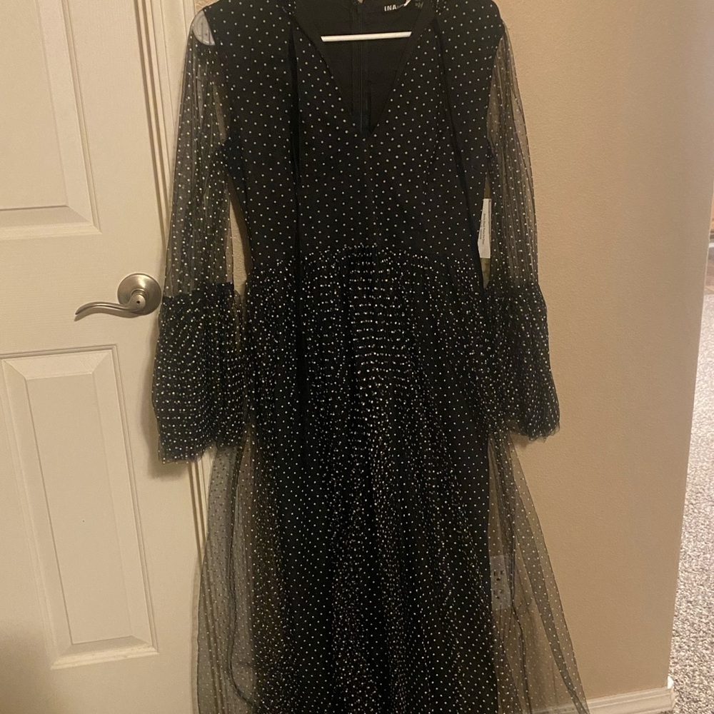 Ina Black Sheer Polka Dot Tulle Midi Dress
